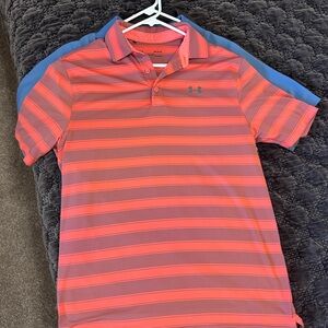 Under Armour Men’s Coral and Gray Striped Polo 3 shirts $40